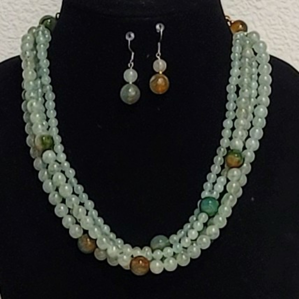 4 strands of Natural Green Stone & Earings,  New
